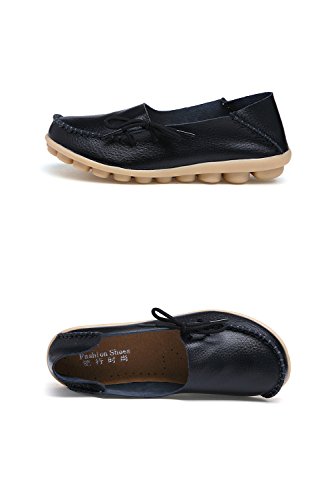 RT Group Women’s Leather Loafers Casual Shoes Moccasins Wild Breathable Flat Indoor Slip on Slippers (Size10, 1black) - Thumbnail 2