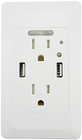 1PK U205 YOPI 4.2A High Speed Dual USB Charger with 15A Tamper Resistant Wall Receptacle 2 Outlets Band Panel Faceplate Mini Night Light White ETL Listed