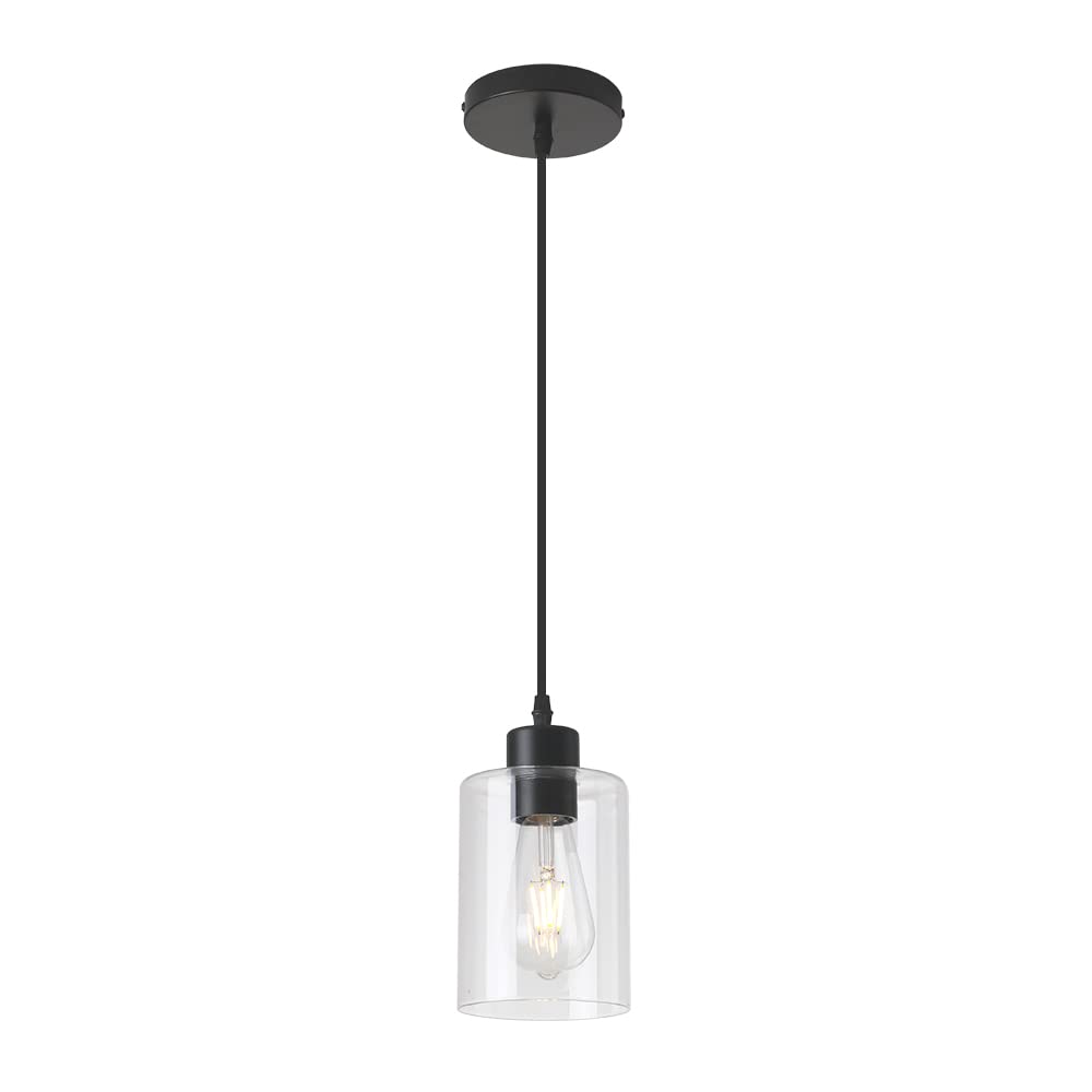 Photo 1 of KLSS Modern Black Farmhouse Clear Glass Cylinder Pendant Light Fixture,Island Lights for Kitchen,Mini Pendant Lighting for Kitchen Island Decor - 4.75 Inch Shade, 2-58 Inch Cord(1 Pack)