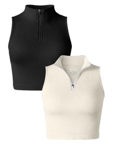 Photo 1 of OQQ Women's 2 Piece Tank Tops Sleeveless Zip Basic Stretch Tee Shirts Crop Camis Black Beige