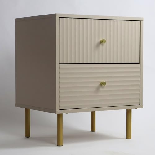 ALTALIA DECO HOME Buró para Recamara Minimalista - Buro de Madera con 2 Cajones amplios Acanalados - Buró de Noche Moderno - Buros Mesa Auxiliar Herrajes Dorados - 48x40x58 cm (Gris) (Gris)