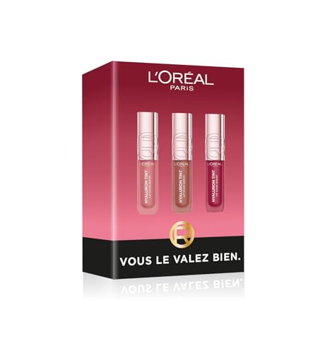 L'Oréal Paris - Coffret Trio Encres à Lèvres Éclat Naturel - Hydrate Intensément - Enrichi en Acide Hyaluronique - Hyaluron Tint - Teintes : Worth It, Berry Jolie, Nude Espresso