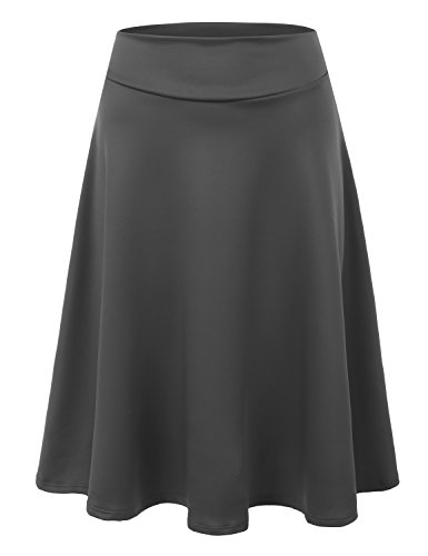 Doublju Elastic High Waist A-Line Flared Midi Skirt (Made In USA / Plus size available) CHARCOAL 2XL