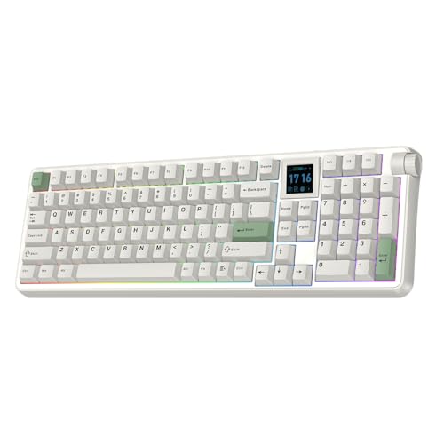 EPOMAKER RT100 PRO Tri-Mode Mechanical Keyboard, 1.54” Hot-Swap Screen, Knob, Retro PBT Keycap, Mac Keys, Thocky Gasket, Custom Driver, RGB, BT/2.4G Wireless Gaming Keyboard (White, Creamy Jade)