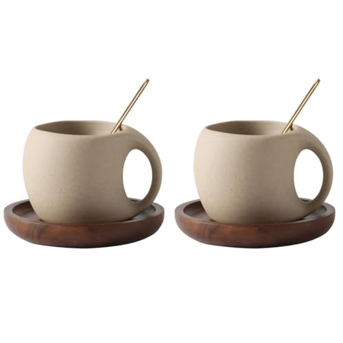2Pcs 8oz Ceramic Coffee Mug with Acacia Wood Saucer, 240 ml Espresso Cups Set for Latte, Cappuccino, Tea, Unglazed Porcelain Arty Coffee Cup for Home or Office