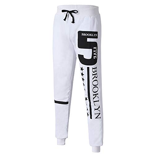 Hunzed Men【Printed sports trousers】Casual Autumn Winter Printed Hip Hop Sports Trousers Pants Jogger Sweatpant (XL, White)