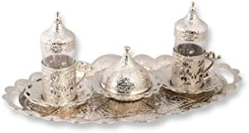 Trmade Traditional Decorated Antique Tulip Ottoman Turkish Greek Arabic Tea Serving Cup Saucer set (SET of 2) (Silver, Ellipse Tray)