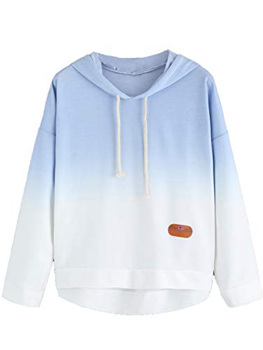 SweatyRocks Women's Long Sleeve Hoodie Sweatshirt Colorblock Tie Dye Print Pullover Shirt Blouse Blue White XL