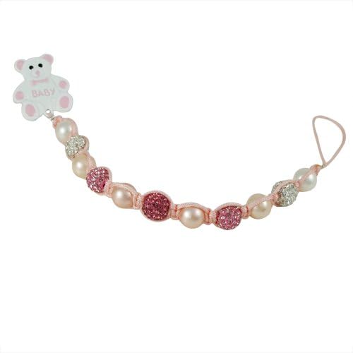 Pink and White Pearls Shamballa Inspired Crystal Balls Teddy Bear Baby Girls Pacifier Clip Holder