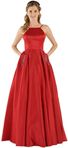 Women's Halter Spaghetti Strap Beaded Satin Evening Prom Dress Long Formal Gown with Pocket