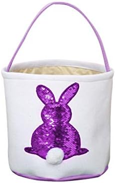 Easter Egg Basket Holiday Rabbit Bunny Printed Canvas Gift Carry Candy Bag Easter Decorations For Girls Happy (23X25cm, Purple)
