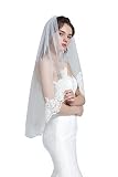Wedding Bridal Veil with Comb 1 Tier Eyelash Lace Trim Applique Edge Fingertip Length 37" White