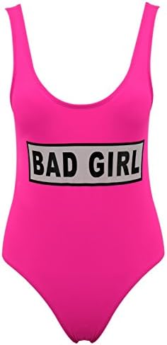 ACHICGIRL Women's Bad Girl Letter Graphic Scoop Neck One Piece Swimsuit, Fuchsia M