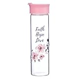 Faith Hope Love Pink Water Bottle w/ 1 Corinthians 13:13 - Christian Water Bottle for Women, Flower & Scripture Inspirational Water Bottle for Everyday Use (20oz Wide Mouth Water Bottle)