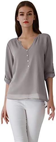 YMING Women’s Casual Chiffon Blouse Button Down Tops 3/4 Sleeve V Neck Shirt
