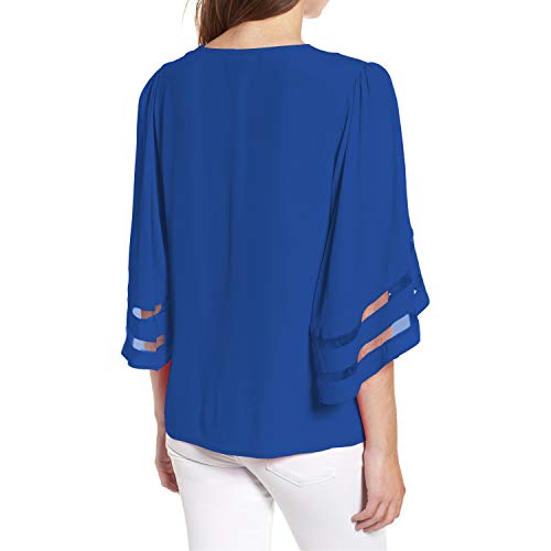 Shy Velvet Women's V Neck 3/4 Bell Sleeve Chiffon Blouse Mesh Panel Loose Top Shirts Blue - Thumbnail 2