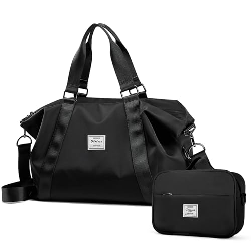 HYC00 Travel Duffel Bag,Sports Tote Gym/Shoulder Weekender Overnight Bag for Women with Wet Pocket & Laptop Pocket & Toiletry Bag,Black