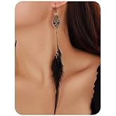 Jumwrit Vintage Long Feather Tassel Earrings Boho Sparkle Rhinestone Skull Hook Earrings Lightweight Chain Dangle Earrings Handmade Statement Halloween Feather Earrings for Women Girls