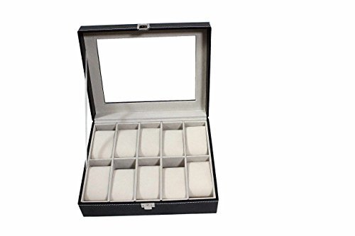 America Phoenix 10 Grids Watch Display Jewelry Case Box Storage Holder Leather, Glass Top Jewelry case