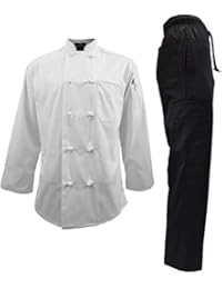 Chef Uniform Set - Chef Coat and Pants (Large, White Coat/Black Pants)