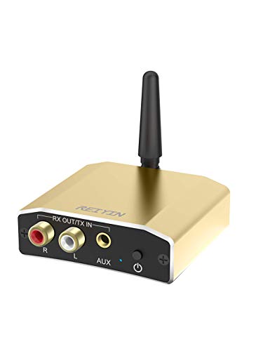 Reiyin WT-02 Wireless Bluetooth 4.1 Transmitter and Receiver, Audio Adapter with aptX Low Latency in TX Mode, Support Digital Optical and RCA AUX 3.5mm, for TV, Apple TV, Home Stereo System – Golden
