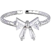 TUCEWP 2Pcs Bow Rings for Women Elegant Sweet Coquette Ribbon Bowknot Rings Silver Dainty Crystal Bow Rings Minimalist Cute Statement Ring Adjustable Open Ring Trendy Christmas Birthday Jewelry Gift