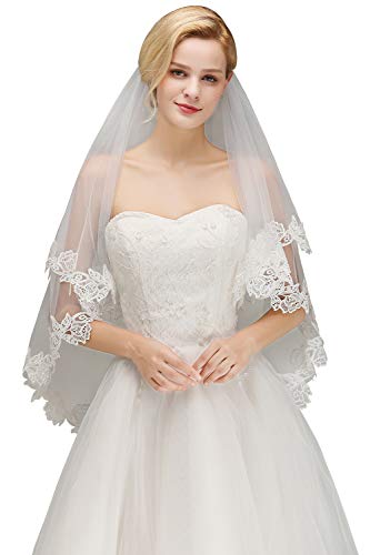 Women's Short 2 Tier Tulle Sheer Lace Wedding Bridal Veil with Comb(Ivory)