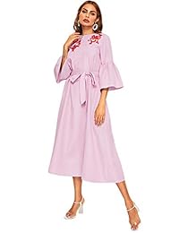 Vestido a media pierna con cuello redondo y rayas bordadas con manga 3 4 de Verdusa para mujer