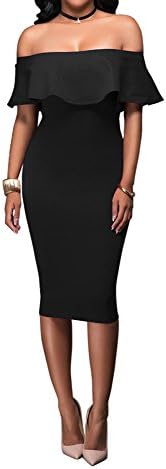 Bodycon Dress- Women Sexy Off Shoulder Ruffle Black Dress For Party, Slim Fit Stretch Cocktail Dress With S-XL