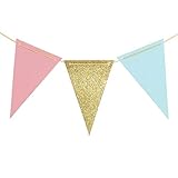 Ling's moment Paper Pennant Banner Triangle GarlandGlitter Gold Pink Blue Flag Banner for Gender Reveal, Wedding, Baby Nursery, Bridal Shower, Birthday, Event & Party Supplies, 15pcs