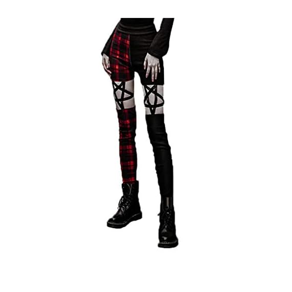Women-Gothic-Hollow-Out-LeggingsHigh-Waist-Zip-Up-Pentagram-Hollowed-Workout-Casual-Pencil-Pants-Trousers-Bottoms-Red-Grid-Medium