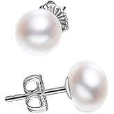 JORA Sterling Silver White Button Freshwater Cultured Pearl Stud Earrings for Women Gift