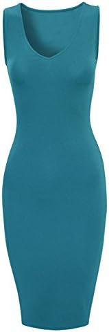 HRYfashion Women Stylish V-Neck Sleeveless Double Slit Bodycon Dress HRYCWD108-TEAL BLUE-US XXL