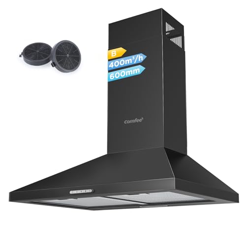 COMFEE  PYRA17B-60 Range Hood 60 cm Black Extractor Hood with LED, Recirculation and Ducting System and Carbon Filters [Energy Efficiency Class B]
