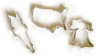 Set of 3 4th of July Cookie Cutter Set- Torch, Liberty Bell, Map of the USA Tin Plate Metal- Made in U.S.A. + Sugar Cookie Recipe