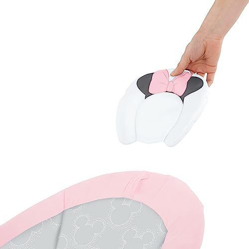 Bright Starts Disney Baby Minnie Mouse Comfy Baby Bouncer Soothing Vibrations Infant Seat - Music, Removable -Toy Bar, 0-6 Months Up to 20 lbs (Rosy Skies)