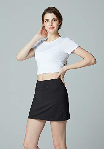 TSLA Women's Compression Skort Active Running Tennis Performance Skirt w Mesh Pocket, Active Skort(fbk01) - Black, Large
