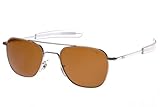 AO Eyewear American Optical - Original Pilot Aviator Sunglasses with Bayonet Temple and Silver Frame, Cosmetan Brown Glass Lens