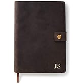 CASE ELEGANCE | Refillable Leather Journal Cover | Monogrammed Brown | Full-grain Premium Leather | A5 Lined Notebook | Pen Loop And Card Slots | Brass Snap