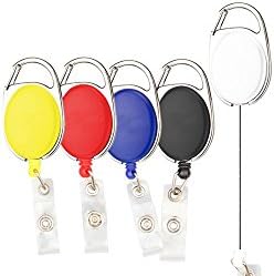 HnF Retractable Badge Holder Carabiner Reel on ID card holder with Clip Egg Hook Oval - Pack of 5 - 5 colors (Black, White, Red, Blue, Yellow)
