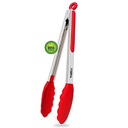 Walfos Kitchen Tongs - Heat Resistant 480℉ Cooking Tongs, Thickened Stainless Steel and BPA Free Silicone Tips, Great for Cooking, Grilling, Turning, 30 cm Food Tongs