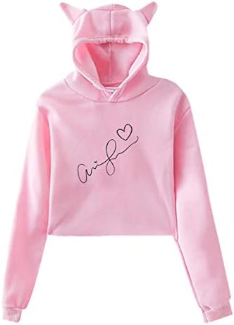 Womens Love Ariana Grande Funny Comfortable Long Sleeve Crop Top Cat Ear Hoodie M