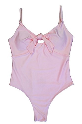 ESONLAR One Piece Swimwear for Women V Neck Tie Knot Front Aactive Sporty Swimsuit Pink S - Thumbnail 4