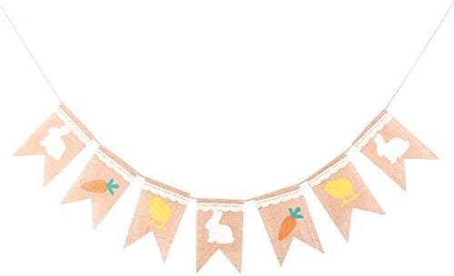 Junxia Happy Easter Banner Decorations Burlap Bunny Rabbit & Carrot or Chick Print Bunting for Garland Party Decors Favors