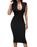 Huusa Womens Low V Neck Sleeveless Bodycon Cocktail Party Midi Dress