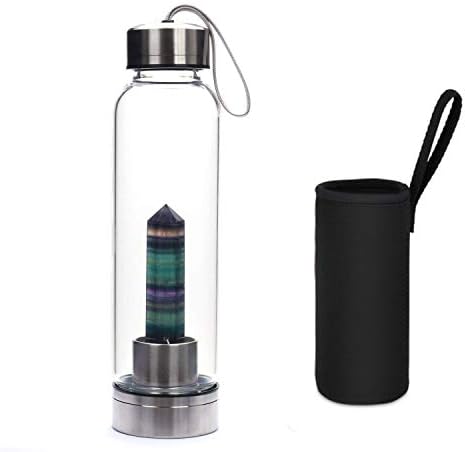 Everydlife Crystal Water Bottle, Water Bottles with Natural Rose Smokey Quartz Black Obsidian Amethyst Fluorite Crystal Wand