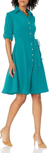 Sharagano Womens Button Front Pleated Shirt Casual Dress, Dark Teal, 10