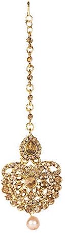 Charming Jewels Floral ShapeTraditional Gold Plated Kundan Pearl Maangtika for Women and Girls-Antique Gold Maang Tikka