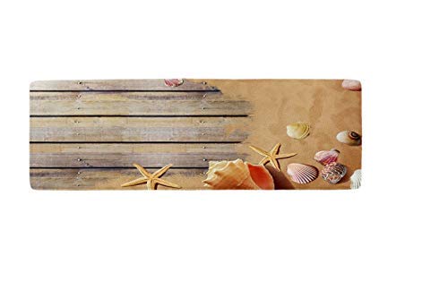Beach Kitchen Rugs, Goodbath Seastar Shell Conch on Ocean Beach Sand Wooden Board Non Slip Bath Rug Set 2 Piece, 16” x 48” and 16” x 24”, Brown