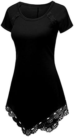 TAORE Plus Size Summer Women Cotton Blend Crew Neck Lace Short Sleeve Casual T-Shirt Blouse Tank Tops, XS~4XL (2XL, Black)